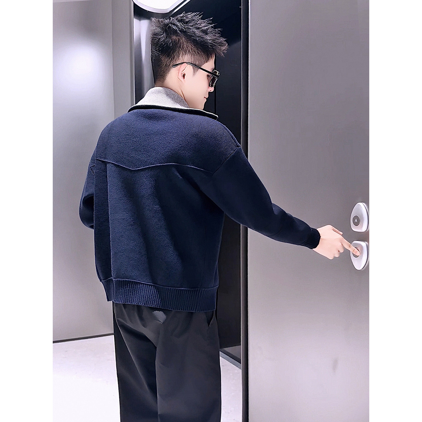 KS57-P88休闲风撞色翻领针织开衫男秋冬宽松拉链毛衣外套,男装针织衫/毛衣,电商D319