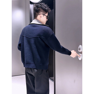 KS57-P88 休闲风撞色翻领针织开衫男秋冬宽松拉链毛衣外套图片