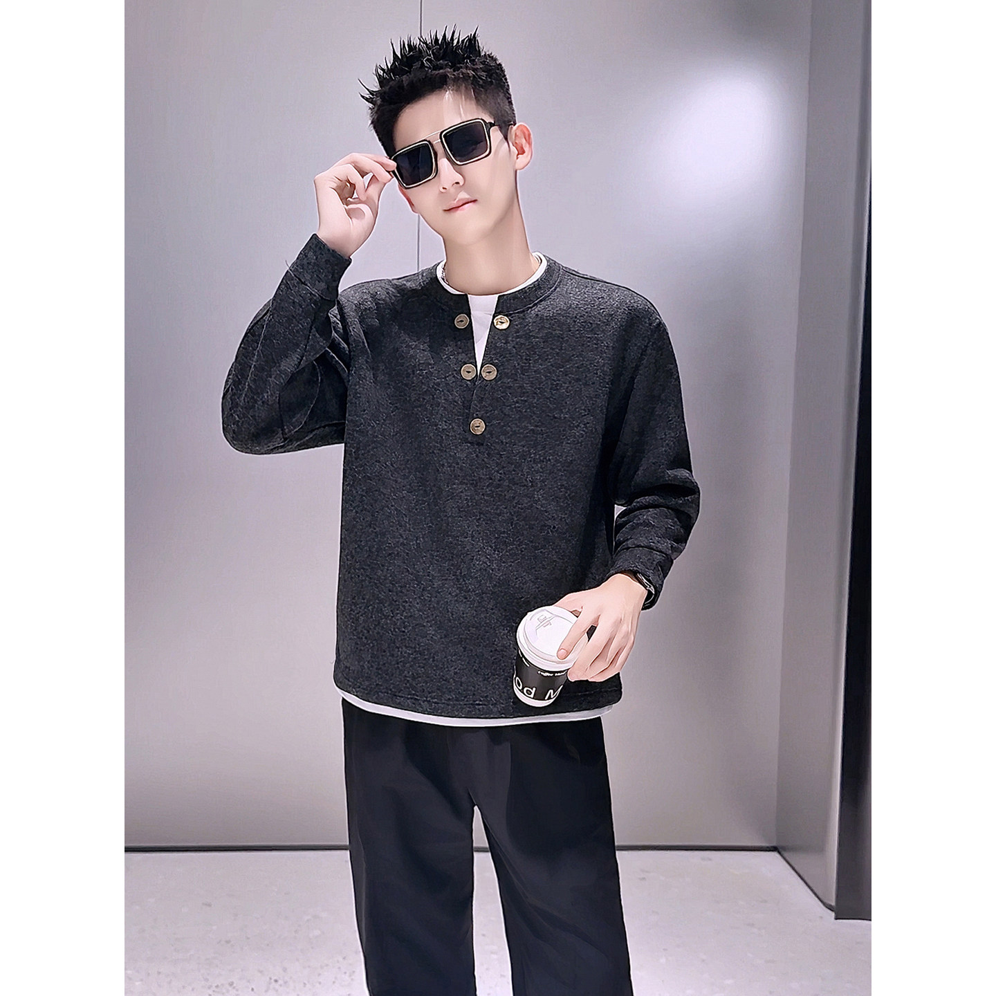 M54-P98美式复古亨利领排扣毛衣男加绒保暖设计感针织衫外套,男装针织衫/毛衣,电商D319