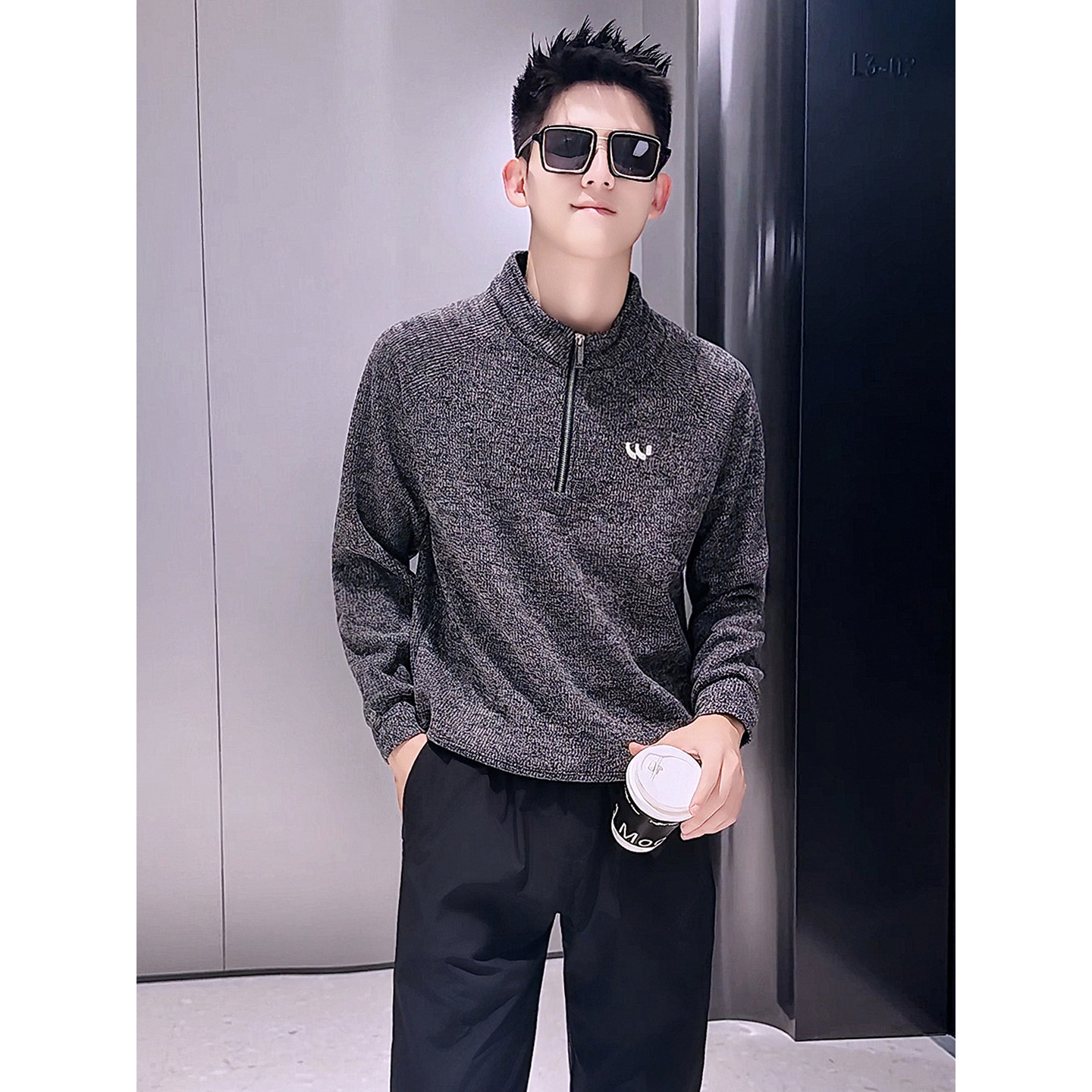 W52-P88男士立领半拉链针织衫灰色加绒保暖休闲百搭卫衣冬季,男装针织衫/毛衣,电商D319
