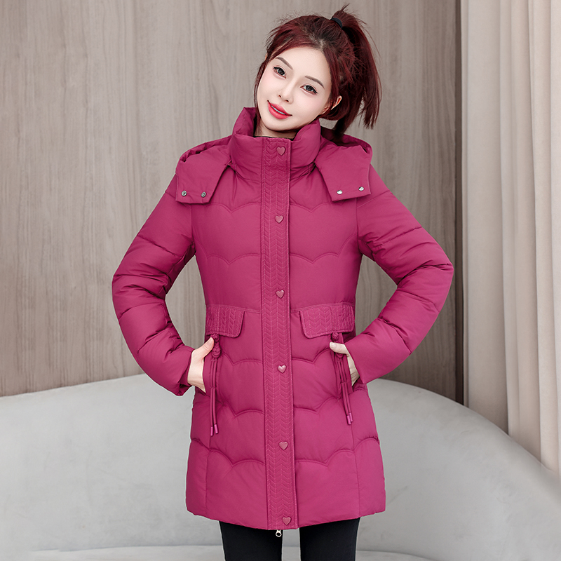 可拆帽修身显瘦棉衣女中长款