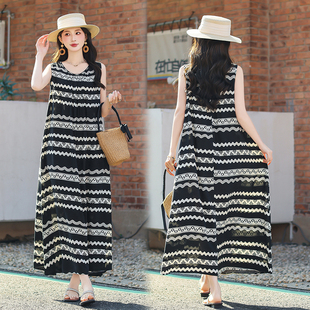 沙滩裙气质妈妈裙淑女裙 减龄棉绸连衣裙女凉爽透气无袖 夏季 新时尚