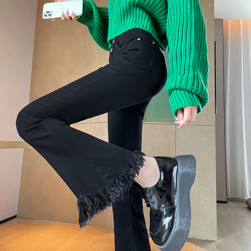 牛仔喇叭裤女高腰显瘦秋冬2024新款小个子九分毛边加绒黑色微喇裤