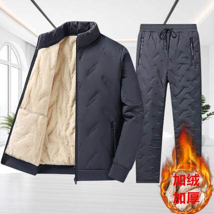 冬季男士羊羔绒外套棉衣中老年加绒加厚防寒保暖棉袄棉服棉裤套装
