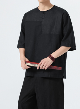 亚麻T恤男士棉麻上衣中式国风短袖拼接圆领半袖409B-B002-P50