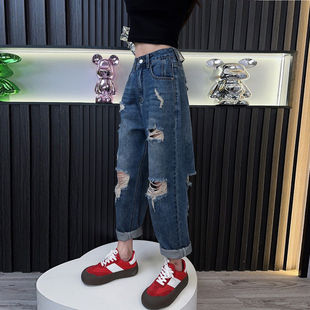 宽松显瘦老爹裤 遮垮高腰哈伦裤 大码 女九分初秋款 小个子 破洞牛仔裤