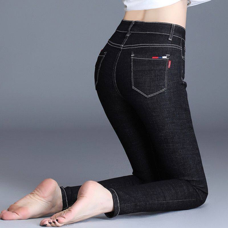 2026春季新款黑色紧身牛仔裤女九分大码高腰弹力修身铅笔小脚长裤