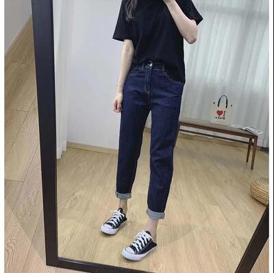 深蓝色牛仔裤女九分小个子大码