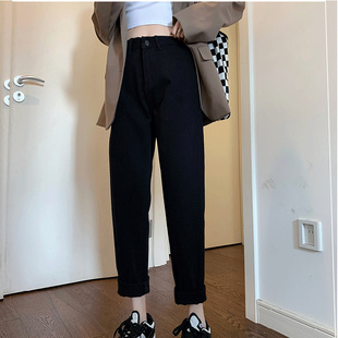 显瘦萝卜老爹裤 薄绒加绒加厚老爹裤 女冬季 高腰弹力黑色哈伦牛仔裤