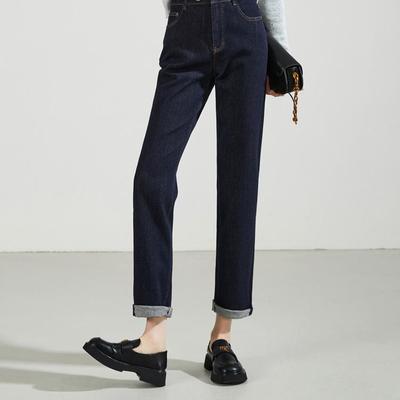 深蓝防掉色牛仔直筒裤女