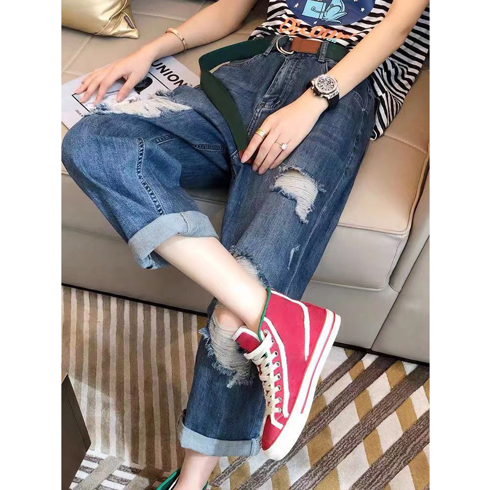 欧货破洞牛仔裤女夏薄款大码九分高腰显瘦宽松哈伦裤小个子萝卜裤