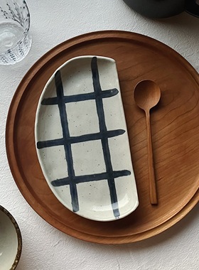 收集时光 Camus say手绘蓝格半月盘 陶瓷烤串烧鸟盘 煎饺刺身盘