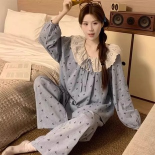 韩版甜美蕾丝带胸垫睡衣女春秋季薄款长袖蝴蝶结薄棉家居服两件套