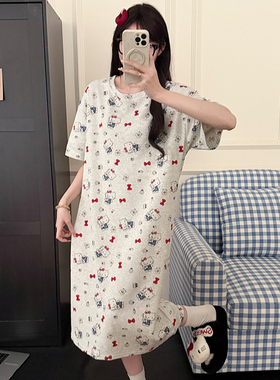 韩系可爱hellokitty纯棉短袖睡裙女夏季宽松中长款夏天大码家居服