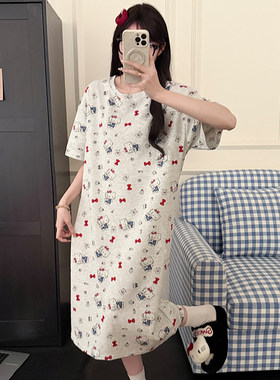 韩系可爱kitty猫咪纯棉短袖睡裙女夏季宽松中长款夏天大码家居服
