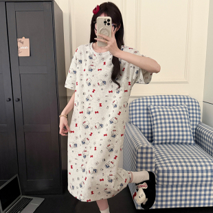 韩系可爱hellokitty纯棉短袖睡裙女夏季宽松中长款夏天大码家居服