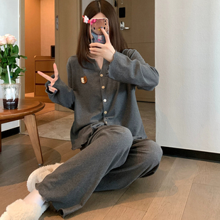 2026新款卡通小熊双面德绒睡衣女款秋冬季长袖保暖家居服两件套装