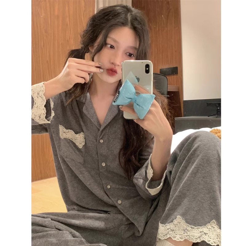 韩系轻奢德绒蕾丝纯棉睡衣套装