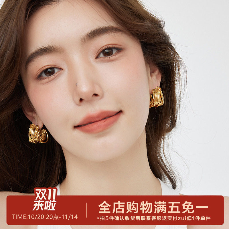 有北手作 小众高级感气质镂空金属绕线耳环复古港风C形圈圈耳钉