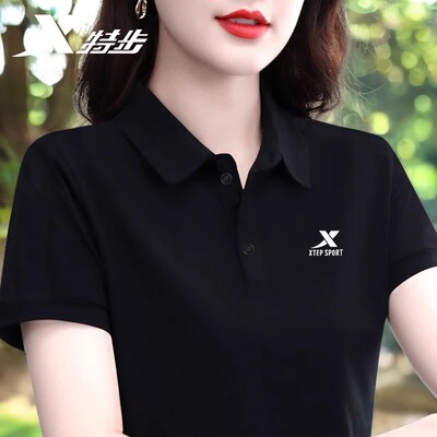 特步黑色Polo衫女夏季透气速干