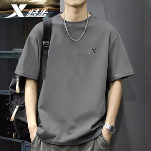 新款 2026夏季 纯色棉质美式 灰色体恤大码 特步短袖 宽松半袖 T恤男装