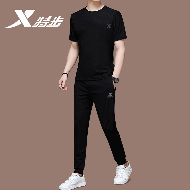 XTEP 스포츠 정장 남자 2024 가을 새로운 피트니스 통기성 남성 반팔 티셔츠 바지 캐주얼 운동복