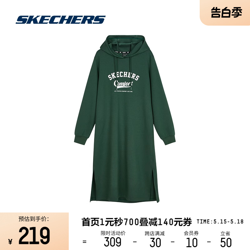 Skechers斯凯奇春季女子连帽卫衣连衣裙休闲运动时尚百搭宽松舒适