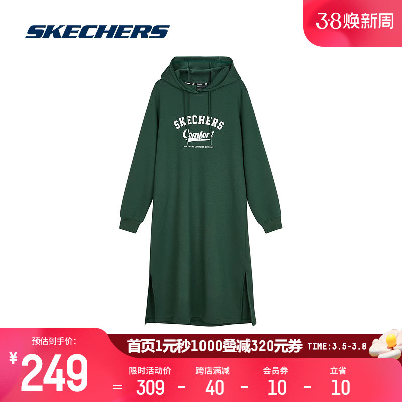 Skechers斯凯奇春季女子连帽卫衣连衣裙休闲运动时尚百搭宽松舒适