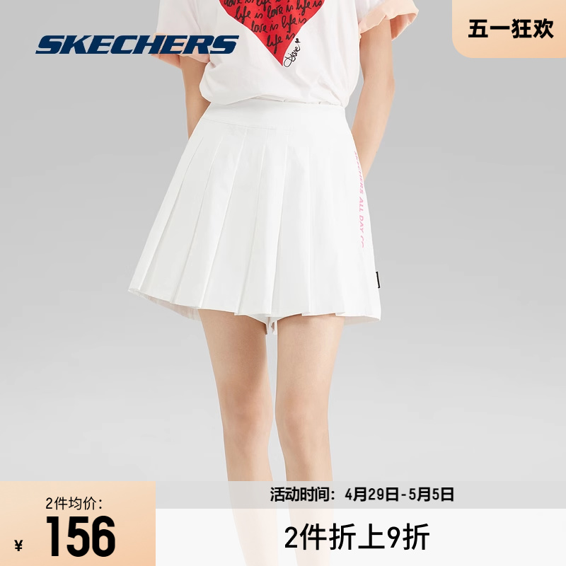 Skechers斯凯奇女子运动裤裙夏季速干凉感白色百褶短裤甜美可爱