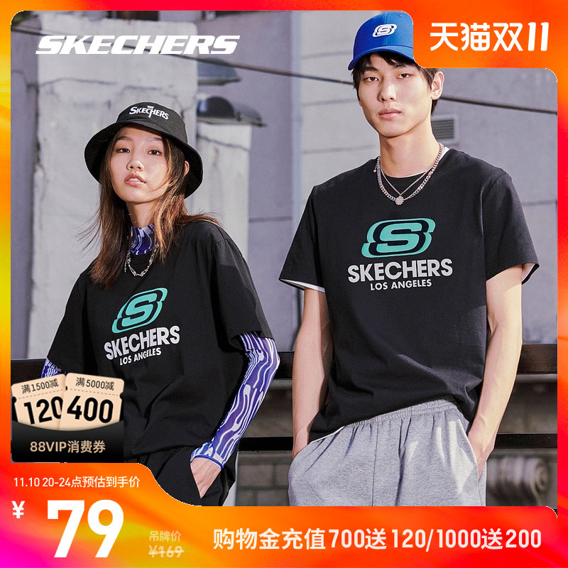 Skechers斯凯奇2023年情侣t恤女上衣体恤休闲宽松圆领运动短袖男