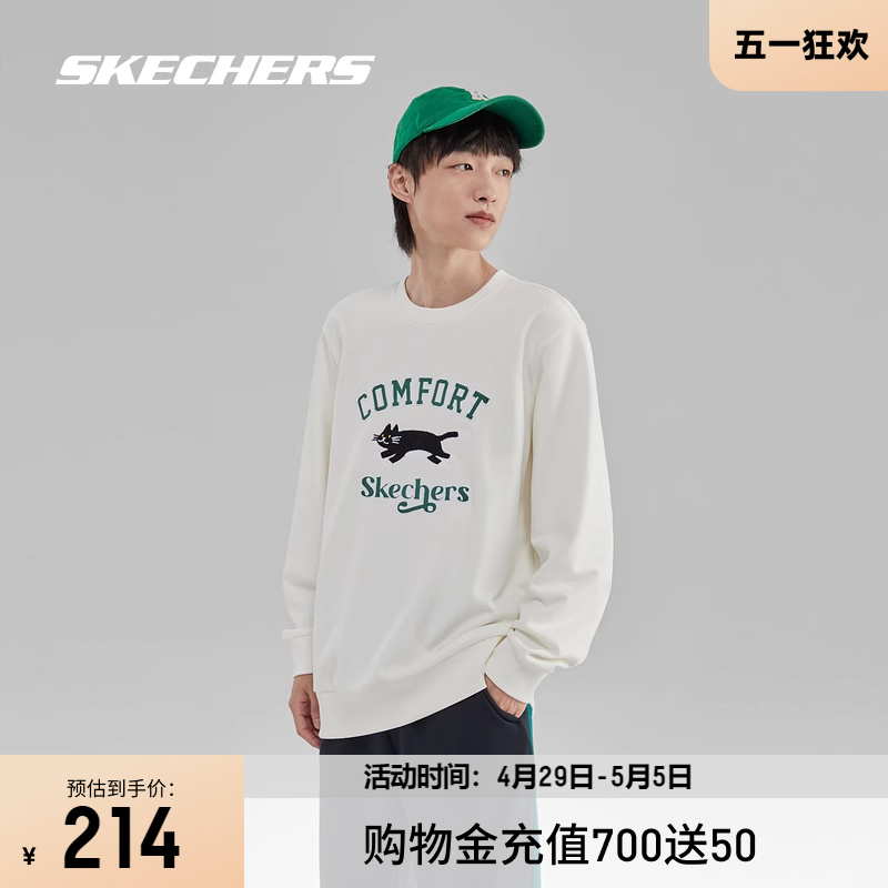 Skechers斯凯奇情侣针织套头卫衣小猫时尚男女同款宠物印花上衣