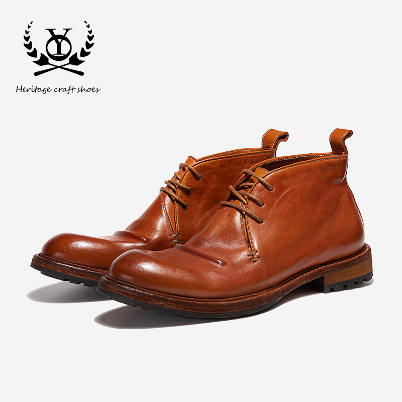 YO-B1209真皮靴子高帮固特异手工男鞋马皮系带复古沙漠靴牛皮底