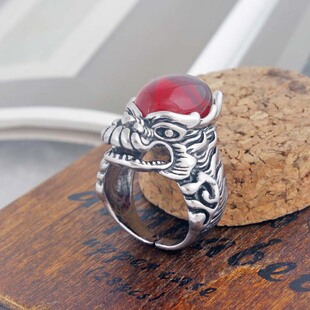 J193夸张戒指 复古 龙头镶红色大钻男士戒指 复古饰品戒指