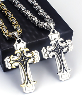 欧美双层腐蚀抹油十字架吊坠项链不锈钢钛钢男士饰品