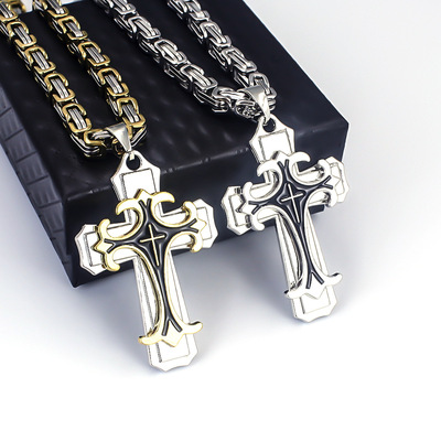 欧美双层腐蚀抹油十字架吊坠项链不锈钢钛钢男士饰品