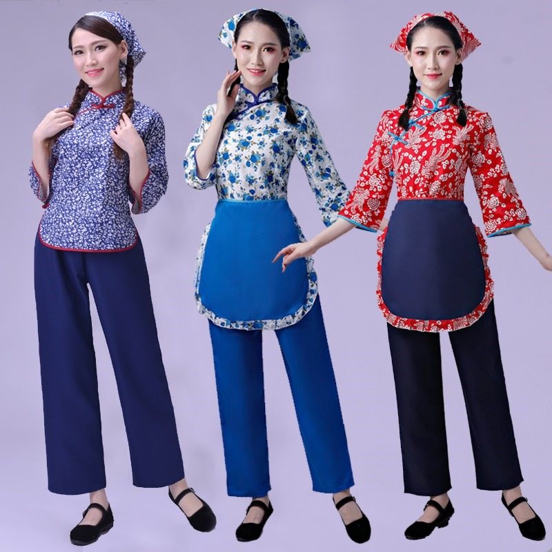 翠花戏服衣服干活中式渔家女装村姑装花边陕北民族服装女2019印花