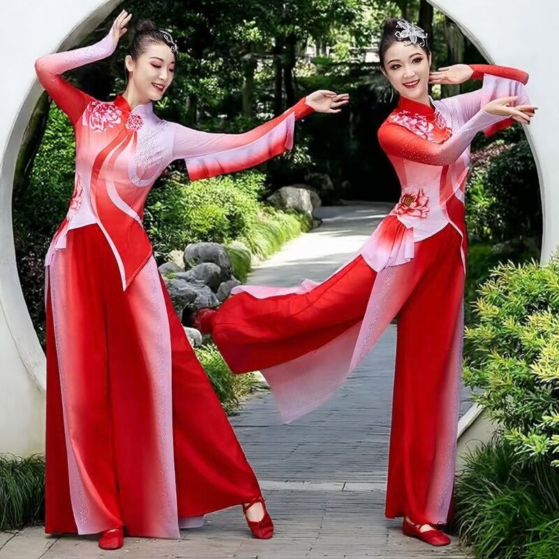 古典舞演出服女红高粱舞蹈服装飘逸扇子舞套装扭秧歌腰鼓舞红绸舞