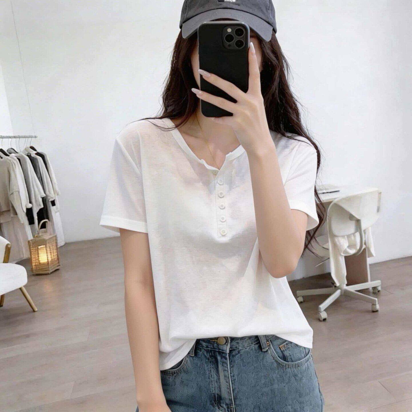 白色短袖t恤女2026新款夏宽松显瘦半开领纽扣下摆弧形薄款上衣