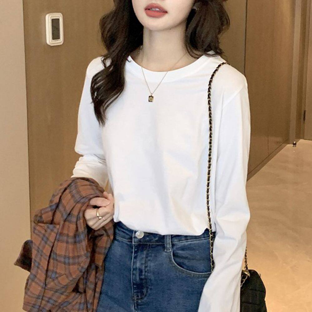 加厚磨毛款优质纯棉t恤女长袖宽松显瘦圆领洋气内搭打底衫上衣潮