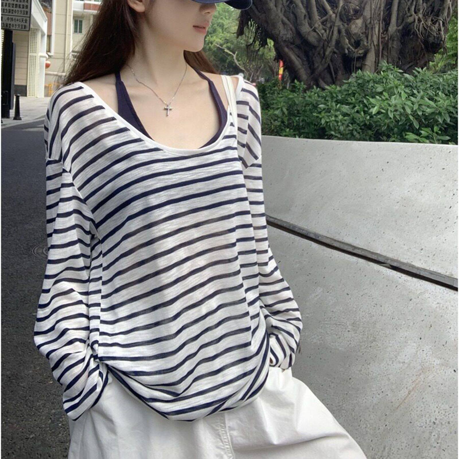 慵懒感大u领条纹长袖T恤女夏季宽松防晒罩衫显瘦慵懒风百搭款上衣