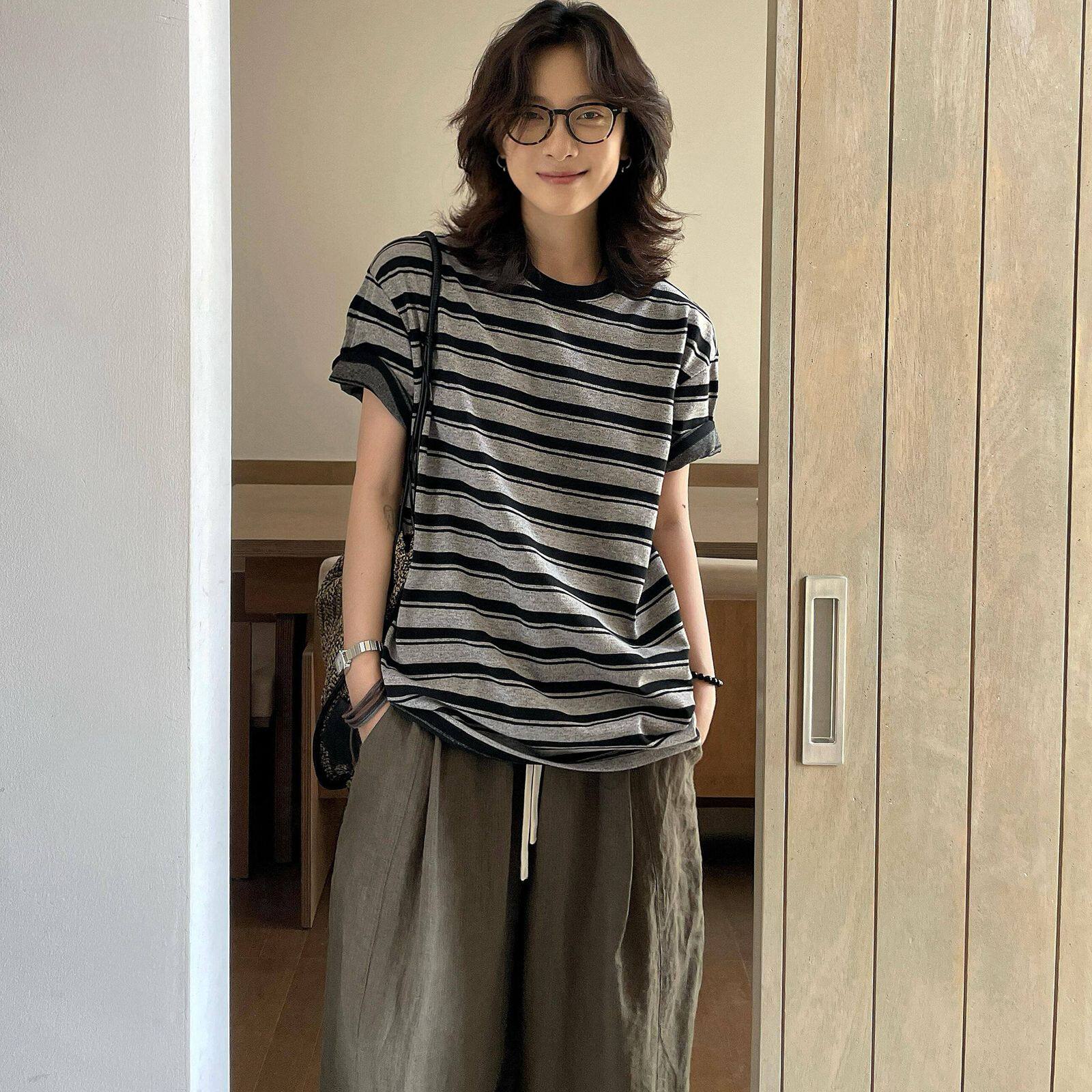 2026夏季新款女款宽松显瘦条纹短袖T恤女慵懒松弛时尚百搭风上衣