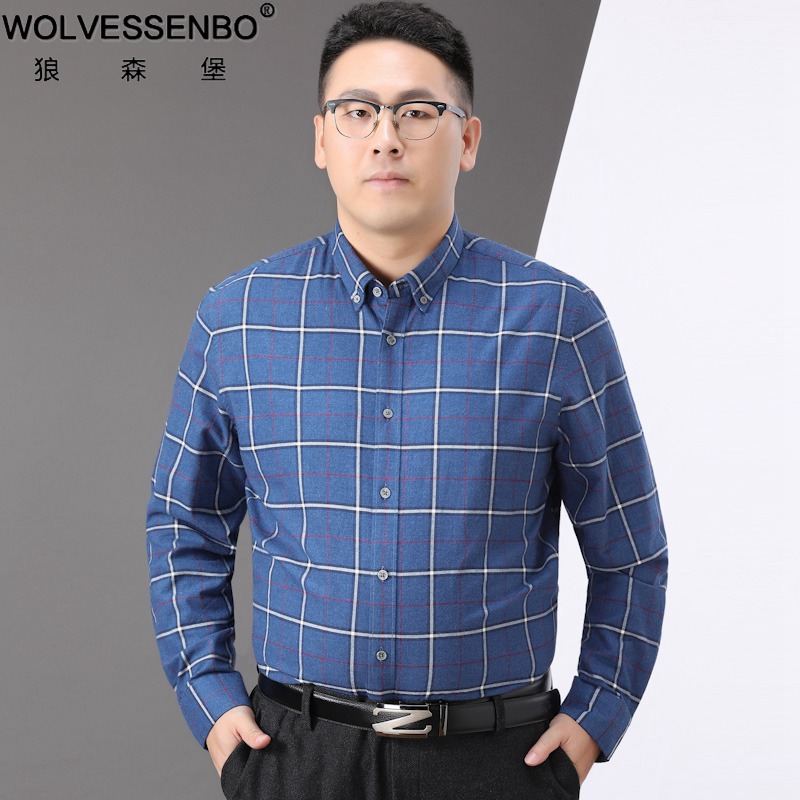 秋季特大号男装长袖衬衫男纯棉胖子加肥加大码肥佬全棉格子衬衣潮