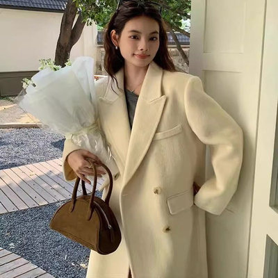 灰色双面毛呢大衣外套女2025秋冬新款韩系气质正肩中长款毛呢大衣