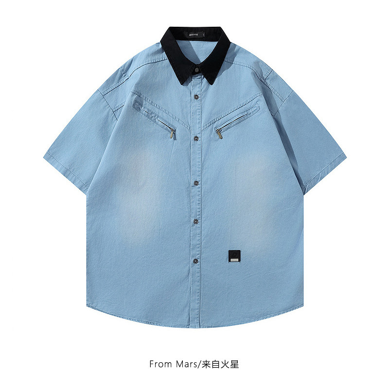 拼接复古宽松夏季翻领短袖衬衫BF