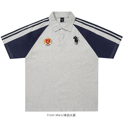 双杠肩条复古宽松POLO衫男女潮