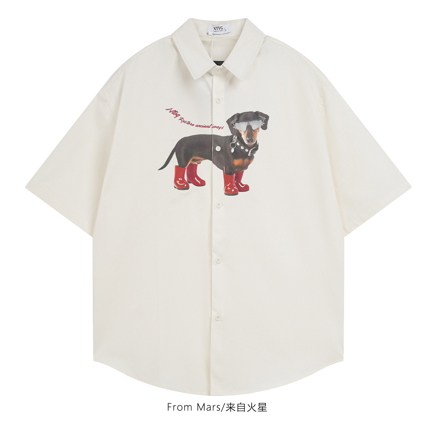 From Mars 水鞋小狗 卡通动物印花潮酷vibe宽松短袖衬衫夏季休闲