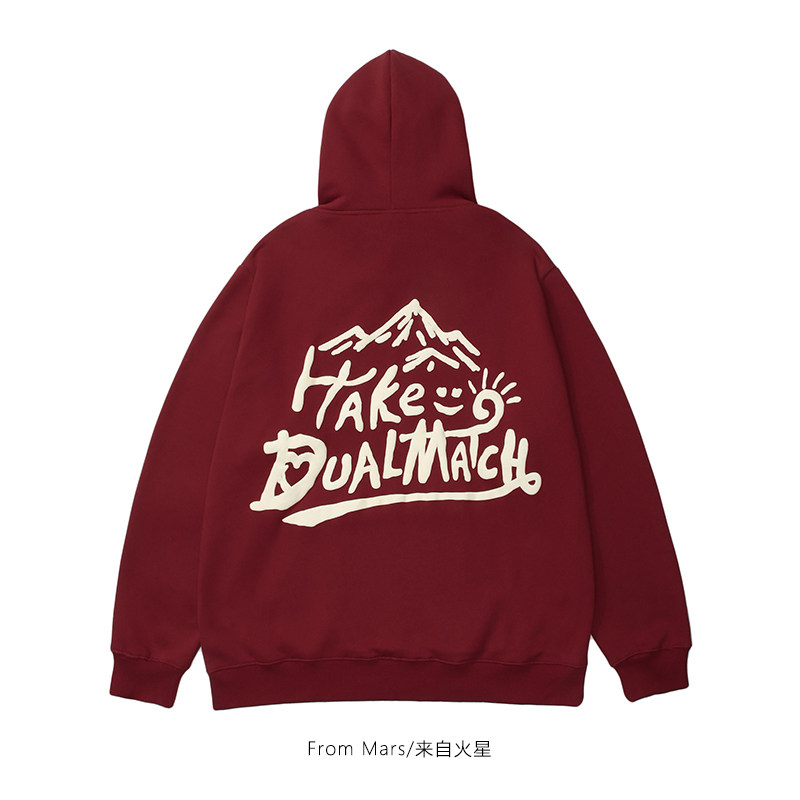 from mars 显白酒红色山峰发泡字母潮牌街头情侣加厚宽松连帽卫衣