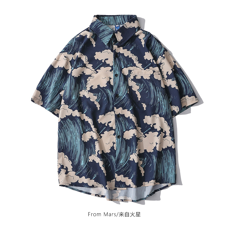 夏日海浪满印沙滩潮ins短袖衬衫