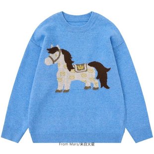 From Mars 马踏新途 美式复古简约圆领小马提花宽松套头毛衣女BF