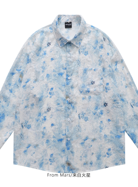 From Mars 网纱长袖 衬衫蓝色碎花印花宽松休闲日系复古衬衣小众